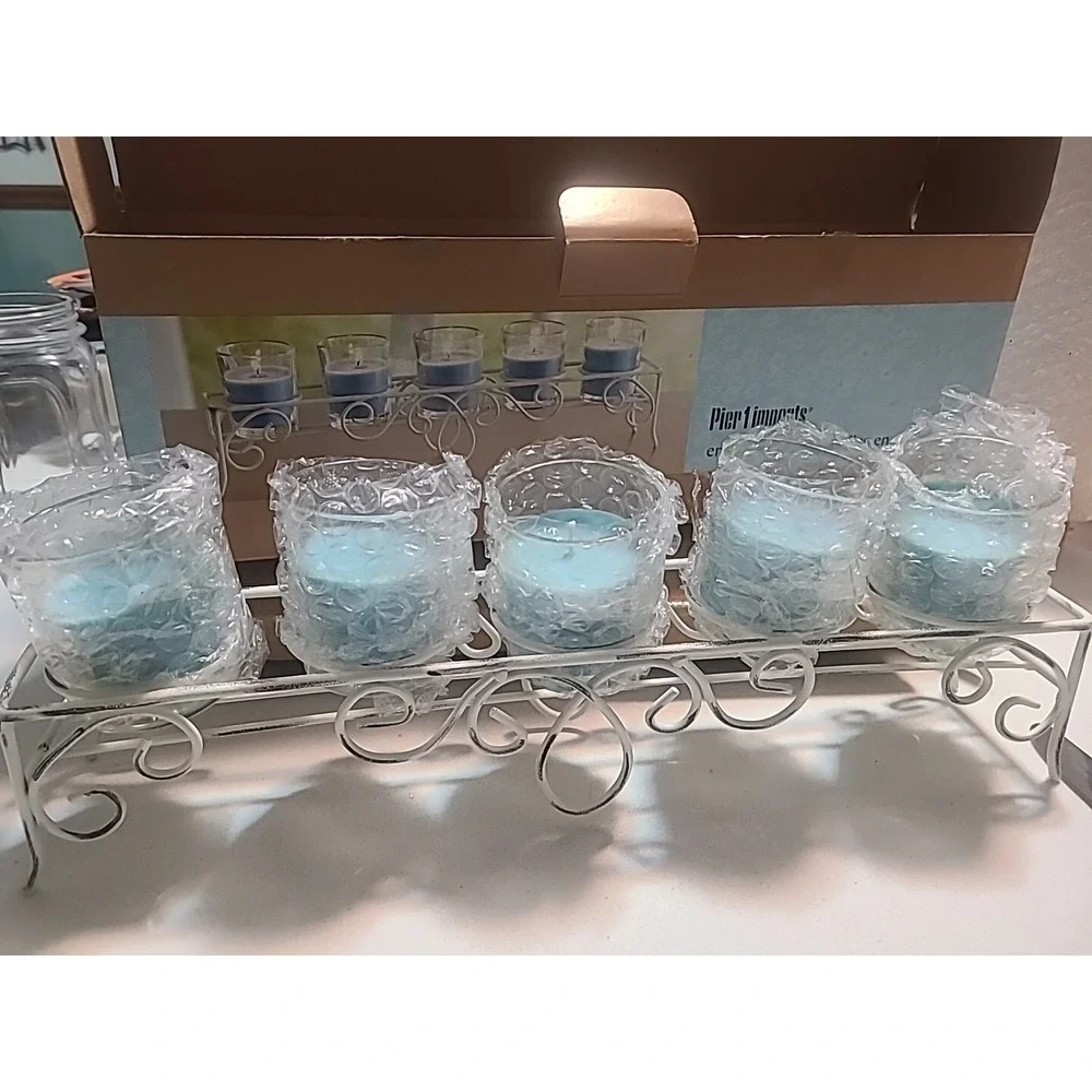 New Pier 1 Imports 5 Filled Candle Set  Marine Breeze Votive Metal Stand Blue